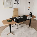 Modern Office Desk With Glass Top Leather Chair Laptop Coffee Cup And Green Plant