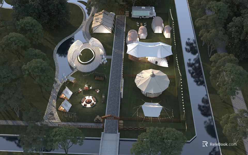 Charming Riverside Glamping Site With Diverse Tents And Complete Supporting Outdoor Leisure Facilities 3d model 