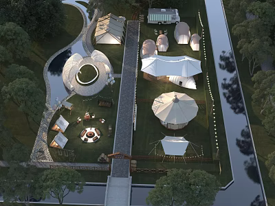 Charming Riverside Glamping Site With Diverse Tents And Complete Supporting Outdoor Leisure Facilities 3d model