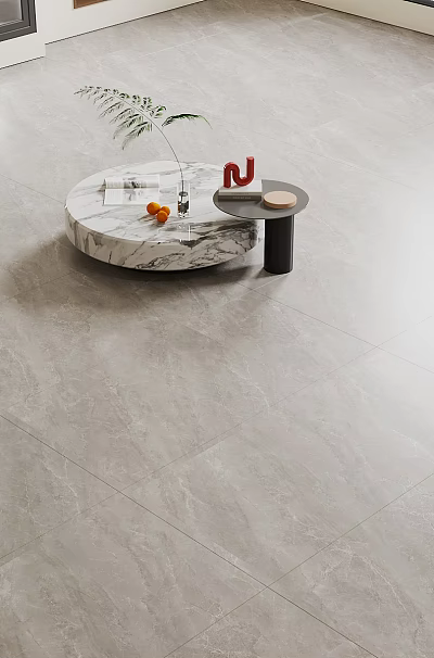 Gray Floor Tiles in Modern Living Room with Circular Marble Table Plant and Fireplace 3d model