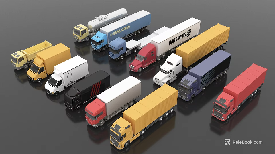 Various Types Of Colorful Truck Models Including Cargo Vans And Semi Trailers 3d model 