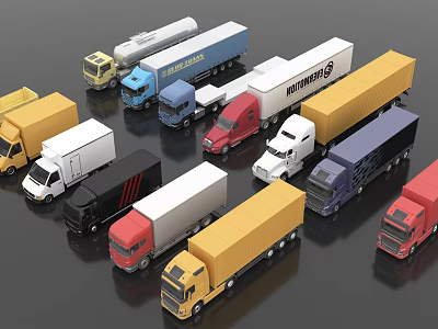 Various Types Of Colorful Truck Models Including Cargo Vans And Semi Trailers 3d model