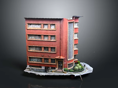 Miniature Red Multi Story Building Model With Windows Entrance And Green Plants 3d model