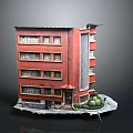 Miniature Red Multi Story Building Model With Windows Entrance And Green Plants