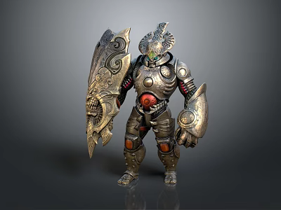 Ornate Armor Clad Character With Mythical Creature Design Elements On Helmet And Shield 3d model