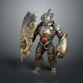 Ornate Armor Clad Character With Mythical Creature Design Elements On Helmet And Shield 3d model