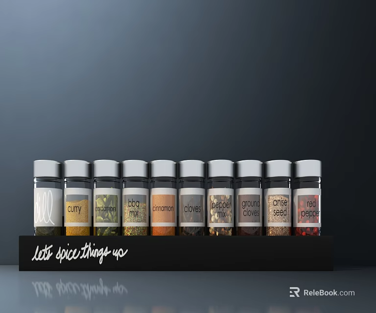 Various Spice Bottles Arranged On Black Shelf With Clear Labels And Different Spices 3d model 