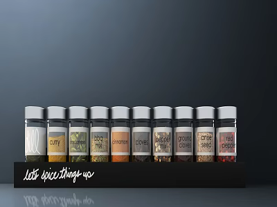 Various Spice Bottles Arranged On Black Shelf With Clear Labels And Different Spices 3d model