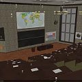 Classroom Interior With World Map Blackboard Multiple Desks Chandeliers Windows And Wall Paintings