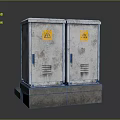 Two Gray Metal Distribution Boxes With Yellow Warning Signs On Concrete Base 3d model