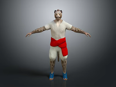 3D Anthropomorphic Leopard Character In White Outfit With Red Sash And Blue Shoes Arms Outstretched 3d model