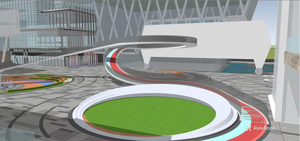 Modern Curved Landscape Bridge With Colorful Accents Green Lawn And Surrounding Modern Buildings 3d model 