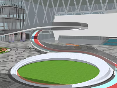 Modern Curved Landscape Bridge With Colorful Accents Green Lawn And Surrounding Modern Buildings 3d model