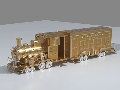 Detailed Golden Steam Train Model With Steam Locomotive Carriage And Decorative Wheels 3d model