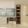 Modern Kitchen Interior With Island Counter Cabinets Appliances And Pendant Lights