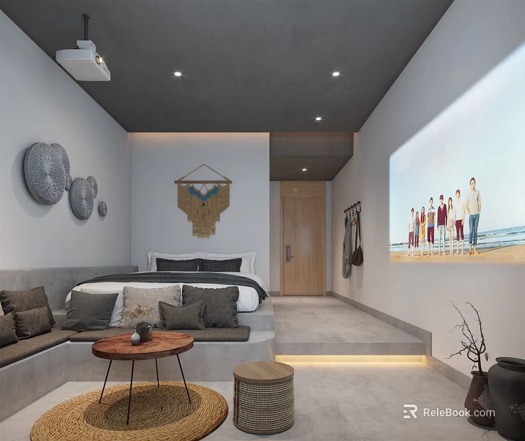 Modern Cozy Hotel Room Interior With Comfortable Bed Sofa Projector And Decorative Art 3d model 