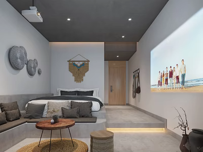 Modern Cozy Hotel Room Interior With Comfortable Bed Sofa Projector And Decorative Art 3d model