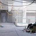 Industrial Workshop Interior Featuring Concrete Structures Exposed Pipes Boxes And Equipment