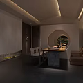 Modern Leisure Area Interior With Wooden Table Chairs And Decorative Wall