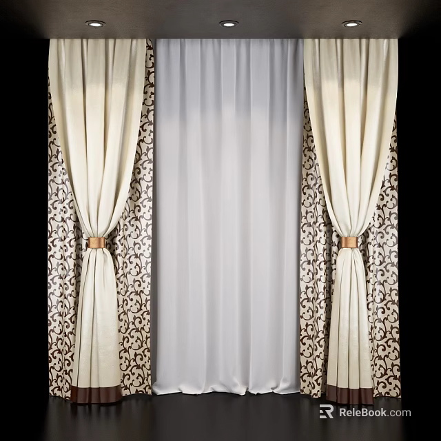 Elegant Beige Patterned Curtains With White Sheer Panel And Decorative Tiebacks 3d model 