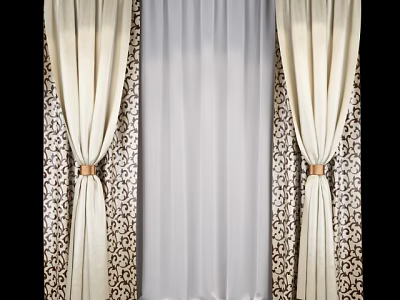 Elegant Beige Patterned Curtains With White Sheer Panel And Decorative Tiebacks 3d model