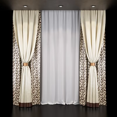 Elegant Beige Patterned Curtains With White Sheer Panel And Decorative Tiebacks 3d model