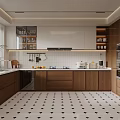 Modern Kitchen With Wooden Cabinets White Countertop Island And Hanging Utensils