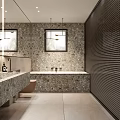 Modern Bathroom Interior With Stone Sink Vanity Large Mirror Soft Lighting And Toilet