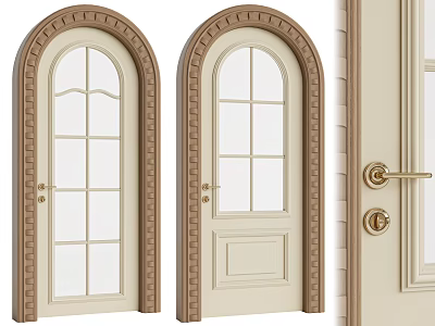 Cream Colored Arched Hinged Doors With Brown Frames Glass Panes And Golden Door Handles 3d model