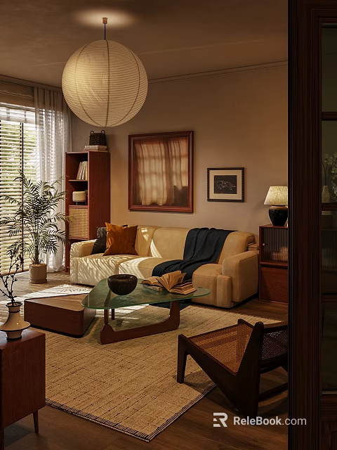 Cozy Living Room Interior With Beige Sofa Glass Coffee Table And Wall Paintings 3d model 