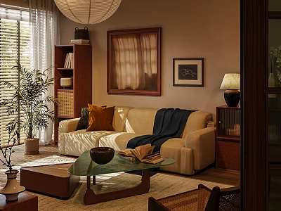Cozy Living Room Interior With Beige Sofa Glass Coffee Table And Wall Paintings 3d model