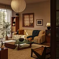 Cozy Living Room Interior With Beige Sofa Glass Coffee Table And Wall Paintings