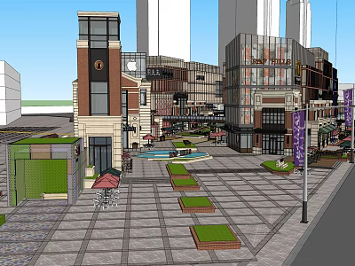 Modern Commercial Street With Open Plaza Green Spaces And Retail Shops 3d model