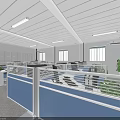 Public Office Space With Blue Partitions Cubicles White Ceiling Fluorescent Lights Windows And Green Plants