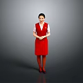 Woman In Red Uniform Standing With Hands Crossed Against Gray Background