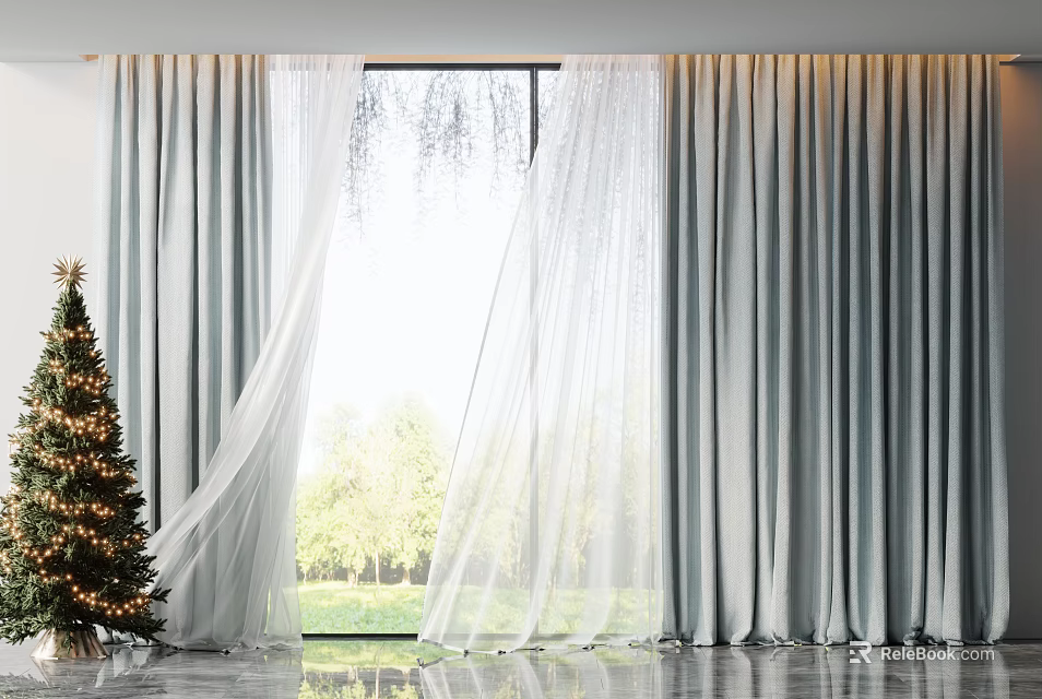 Light Blue Curtains With Sheer Panels And Christmas Tree By Window With Green Trees View 3d model 