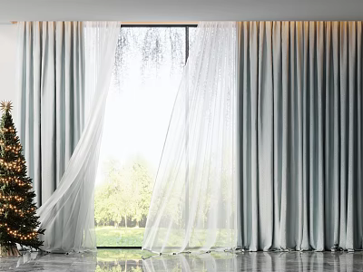 Light Blue Curtains With Sheer Panels And Christmas Tree By Window With Green Trees View 3d model