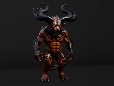 Game Movie Character With Large Horns Muscular Striped Menacing Red And Black Body 3d model