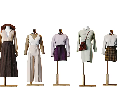 Mannequins Displaying Various Styled Clothing With Long Skirt Pants And Shirt On White Background 3d model