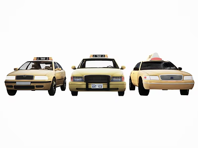 Three Yellow Taxi Cars With Roof Signs And Classic Exterior Designs 3d model