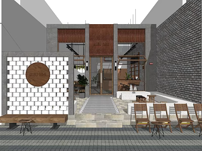 Café Exterior Design With White Brick Wall Wooden Sign Entrance Steps And Outdoor Chairs 3d model