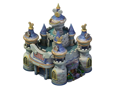 Colorful Cartoon Castle Scene With Multiple Towers Blue Gold Roofs And Decorative Windows 3d model