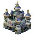 Colorful Cartoon Castle Scene With Multiple Towers Blue Gold Roofs And Decorative Windows