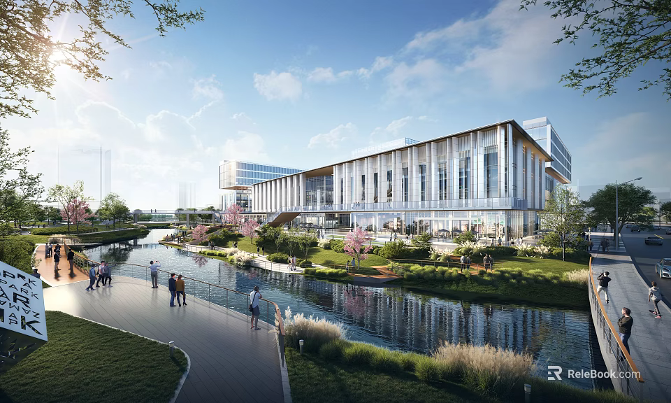 Modern Industrial Park With Contemporary Architecture Green Spaces And Waterfront Recreational Areas 3d model 
