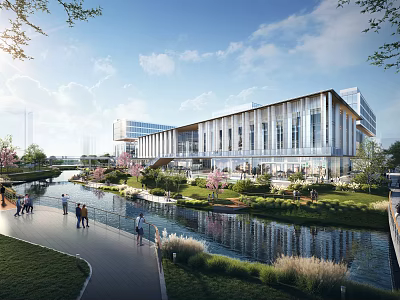 Modern Industrial Park With Contemporary Architecture Green Spaces And Waterfront Recreational Areas 3d model