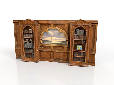 Traditional Wooden Bookshelf Cabinet With Carved Arch Design And Circular Panel 3d model