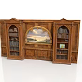 Traditional Wooden Bookshelf Cabinet With Carved Arch Design And Circular Panel