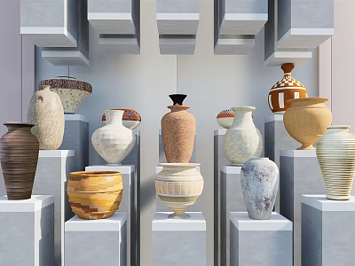 Various Ceramic Vessels Displayed on White Pedestals with Diverse Shapes and Textures 3d model