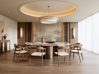 New Chinese Style Song Style Box Dining Table and Chair New Chinese Style Box End View Table New Chinese Style Chandelier New Chinese Style Background Wall New Chinese Style Wall Lamp Large Round Table 3d model