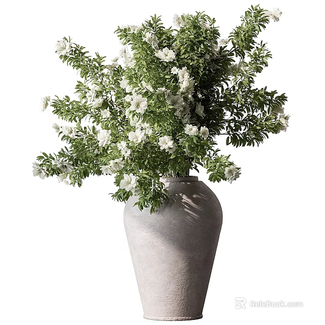 Modern Gray Ceramic Vase With White Flowers And Green Leaves For Interior Decor 3d model 
